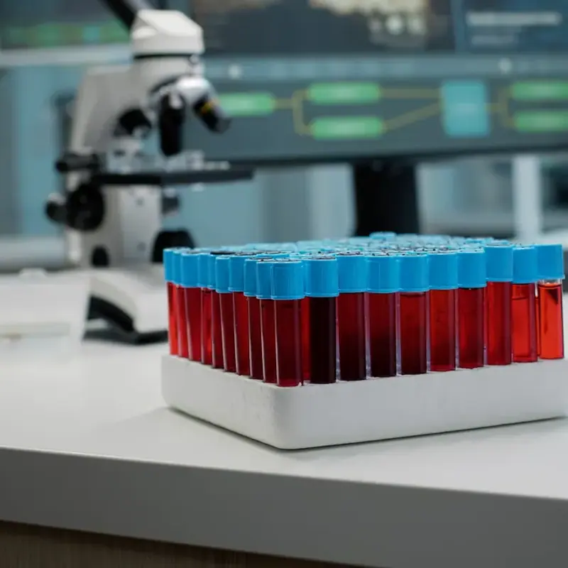 Blood samples beside a microscope and diagnostic screens in a laboratory