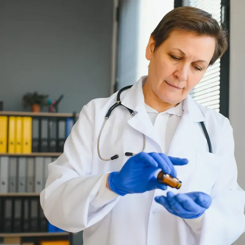 A clinician in a white coat and gloves tipping tablets from a small amber bottle into her gloved hand
